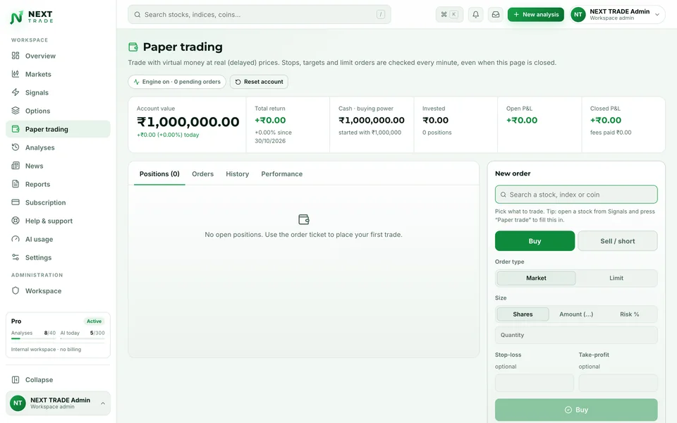 Quantzivo AI paper trading screen with a virtual account, positions tabs and an order ticket