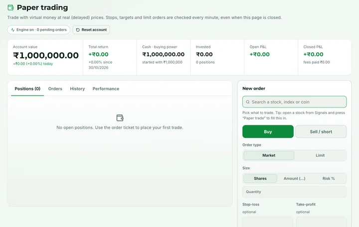 Quantzivo AI paper trading screen: a virtual account balance, positions, orders and history tabs, and an order ticket with stop-loss and take-profit fields
